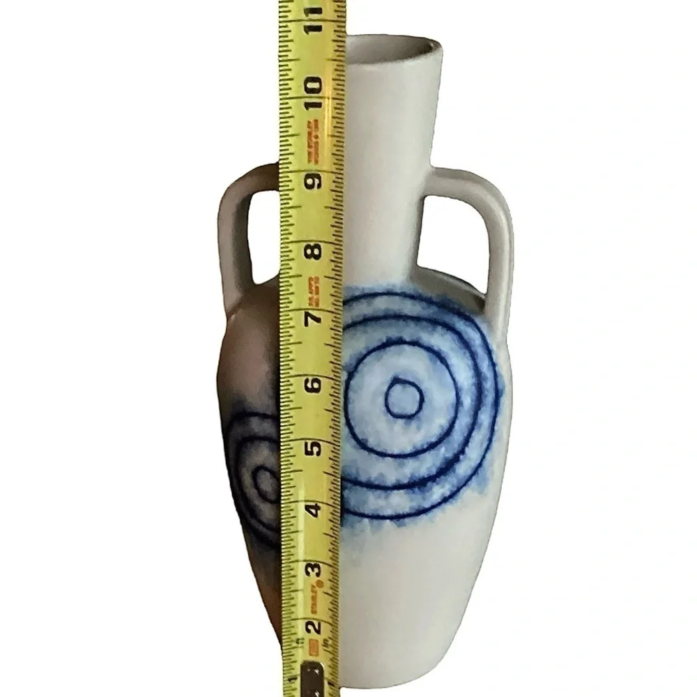 Thailand Natural & Blue Double Handled Artesian Pottery Vase Aztec Design New